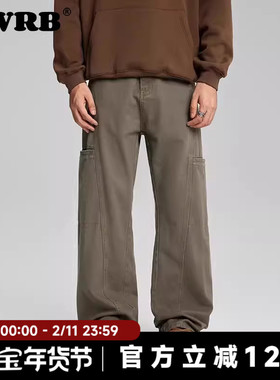 AWRB美式复古水洗做旧牛仔裤男宽松直筒高街潮牌百搭阔腿伐木裤