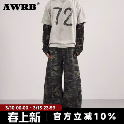 AWRB美式复古嘻哈迷彩弯刀裤男女休闲情侣宽松阔腿休闲长裤