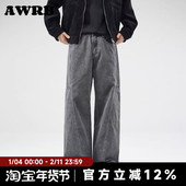 男潮牌宽松直筒阔腿拼接高街风裤 AWRB美式 复古水洗做旧牛仔裤 子