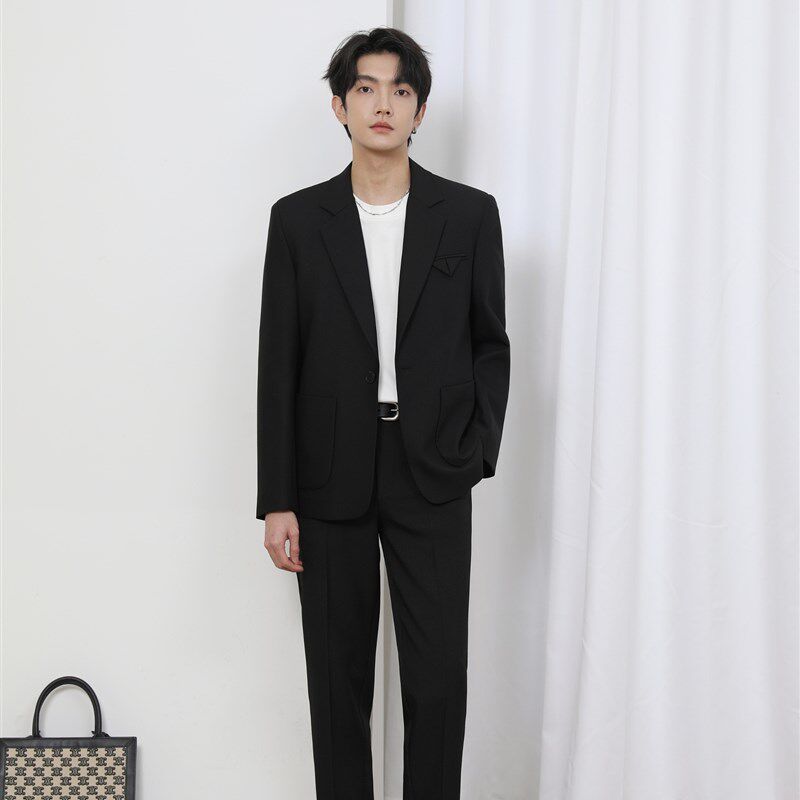 阿茶与阿古黑色高级感西装男套装春季新品宽松简约休闲西服西裤