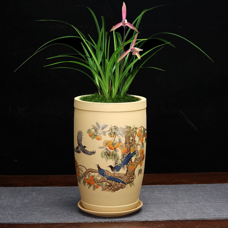 贴花紫砂兰花盆透气发财树专用蕙兰绿萝桌面花卉绿植精品花器包邮