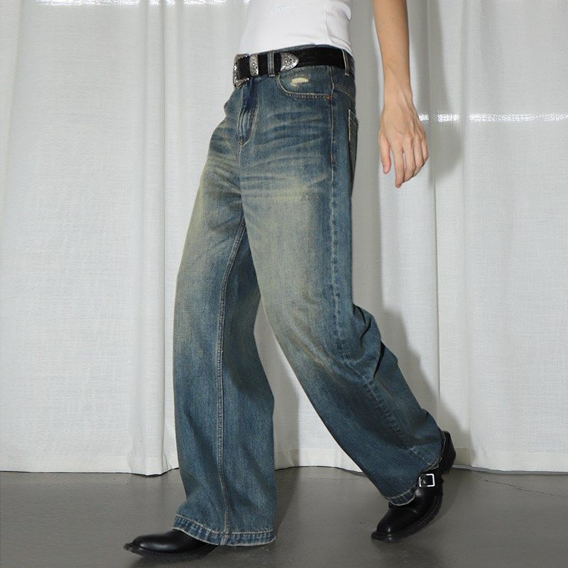 LEONSENSE力上司 新款纯棉复古怀旧水洗中性风A型牛仔裤长裤百搭