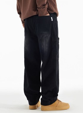 370g重磅纯棉黑色直筒牛仔裤男宽松加肥加大休闲百搭胖子黑色长裤