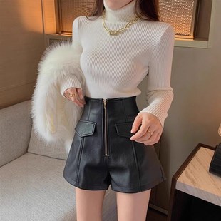 高腰显瘦a字阔腿辣妹pu皮马丁靴裤 外穿2025年新款 女秋冬季 皮短裤