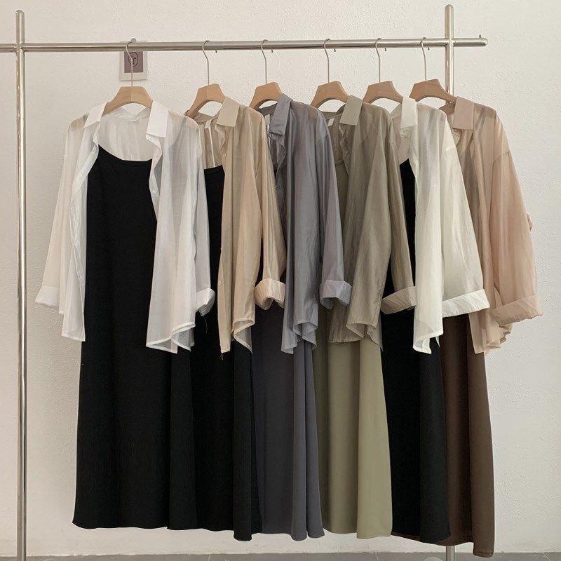 2024夏c季 后开叉盘扣纯色长袖中长款防晒衬衫搭吊带连衣裙套装,女装/女士精品,时尚套装,淘宝优惠券,粉丝福利购,淘宝优惠卷