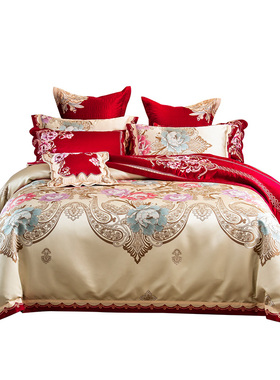 高档婚庆四件组欧式床上用品奢华大红色刺绣提花六八十结婚床盖被