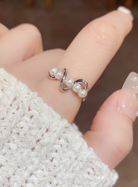 小众时尚设计感波浪珍珠开口戒网红个性气质百搭高级食指戒配饰
