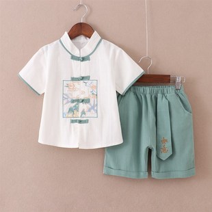 汉服男童夏装中国风薄款儿童古装唐装棉麻套装男宝宝高端中式服装