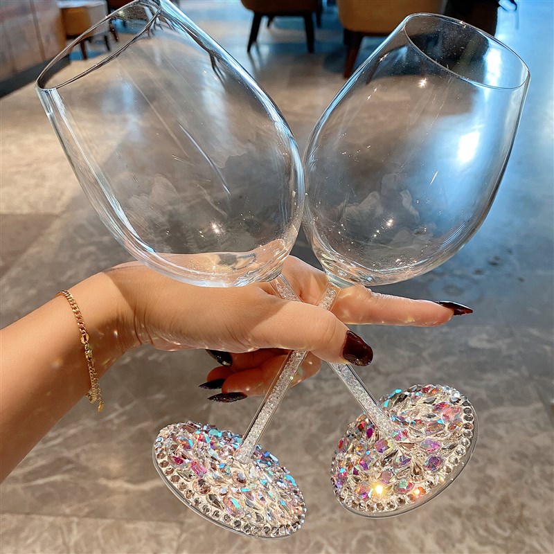 家用高颜值奢华玻璃红酒杯韩式彩钻大容H量高脚杯葡萄酒杯轻奢礼