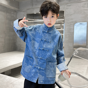 儿童装男童汉服秋装2023新款大童中国古风唐装男孩牛仔外套春秋款