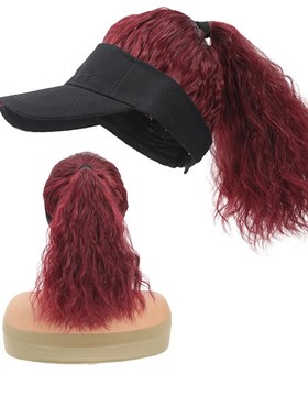 黑色空顶帽子假发遮阳透气玉米烫假发 化纤帽子假发马尾30cm230g