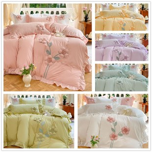 韩式公主少女心荷叶边高支数水洗全棉立体L花多用被床盖枕套四件