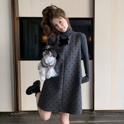 女装/女士精品连衣裙2025年春季其他/other呢料蝴蝶结通勤圆领其