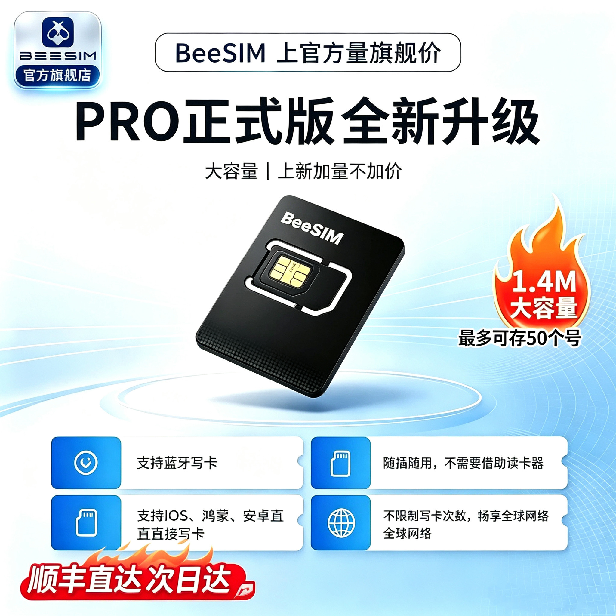 BeeSIM PRO eSIM写入卡蓝牙写卡全系统兼容 1.4M大容量出国上网卡