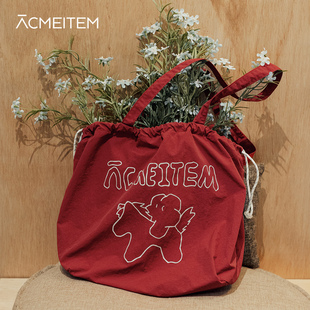 ACMEITEM爱棵米 新年款马年休闲单肩包抽绳大容量红色包包