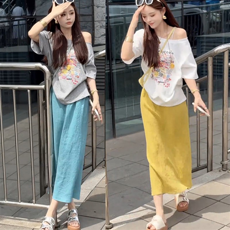 韩系减龄印花斜领露肩短袖T恤+高腰显瘦亚麻半身裙两件套女夏季潮