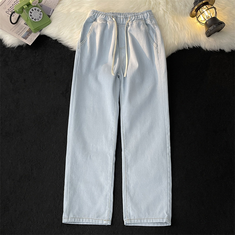水洗浅蓝色牛仔裤男款直筒春秋宽松百搭青年垂感松紧抽绳休闲长裤,男装,牛仔裤,淘宝优惠券,粉丝福利购,淘宝优惠卷
