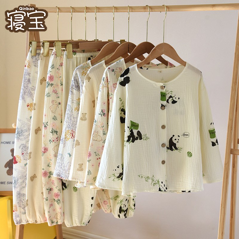 日式儿童睡衣春秋纯棉纱布长袖男童可爱卡通女童家居服宝宝套装