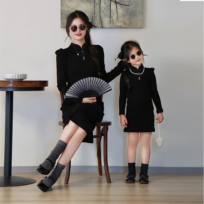 炸街亲子装秋冬新款母女装中式旗袍裙洋气百搭修身打底长袖连衣裙