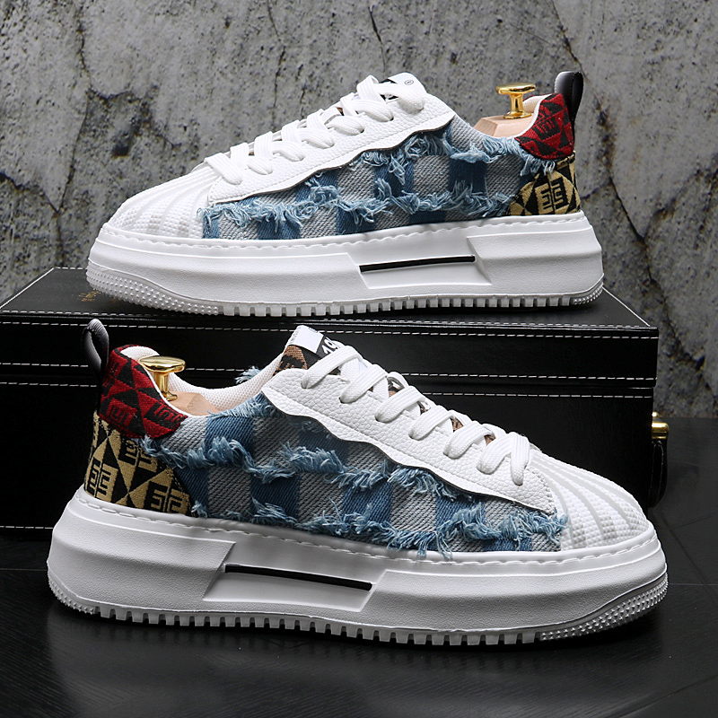 板鞋男2023秋季新款拼色帆布鞋流苏破洞乞丐鞋增高厚底男士休闲鞋