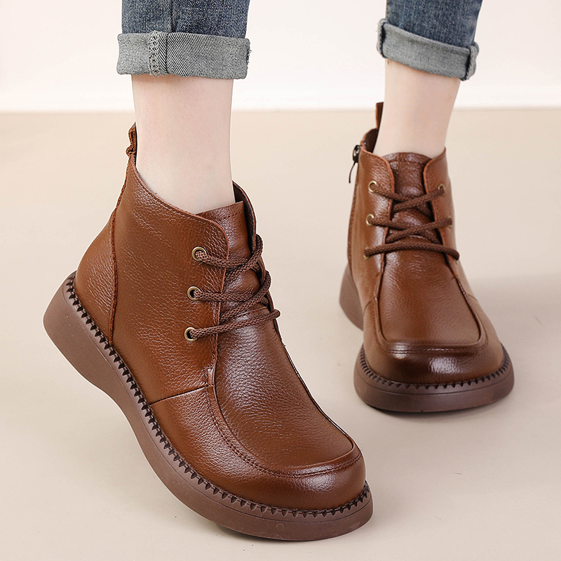 头层牛皮靴子女短筒真皮棉鞋加绒厚底防滑保暖冬季鞋子休闲妈妈靴