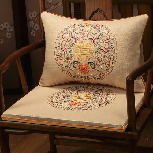 红木沙发坐垫新中式棉麻刺绣太师圈椅实木椅座垫餐桌茶椅垫子定制