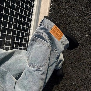 美式复古反向口袋设计感倒装牛仔裤男女百搭款水洗阔腿复古长裤子