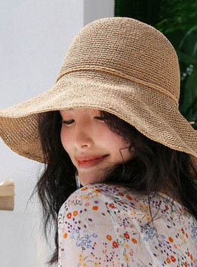 手工编织拉拉草渔夫帽女士韩版可折叠遮阳帽防晒草帽出游夏季帽子