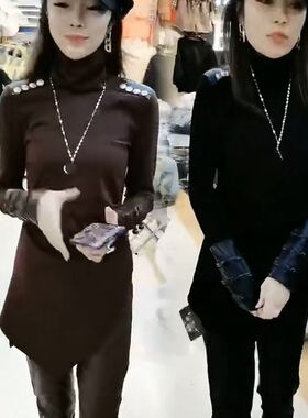 24春秋冬新款气质T恤衫韩版修身显瘦设计感斜襟百搭中长款女打底