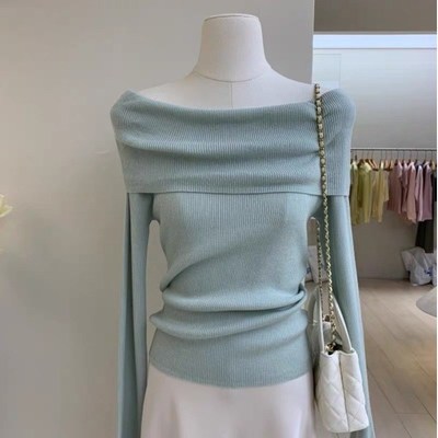 杭州四季青女装韩国高端货一字领针织衫露肩修身锁骨春秋新款上衣