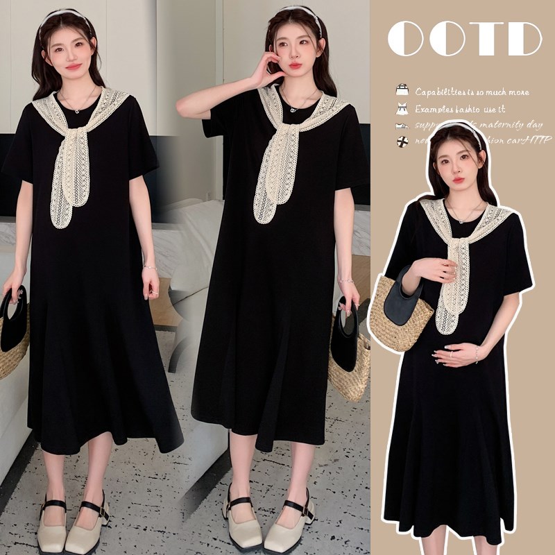 孕妇装夏装假两件披肩连衣裙2025新款法式宽松显瘦中长款过膝裙子