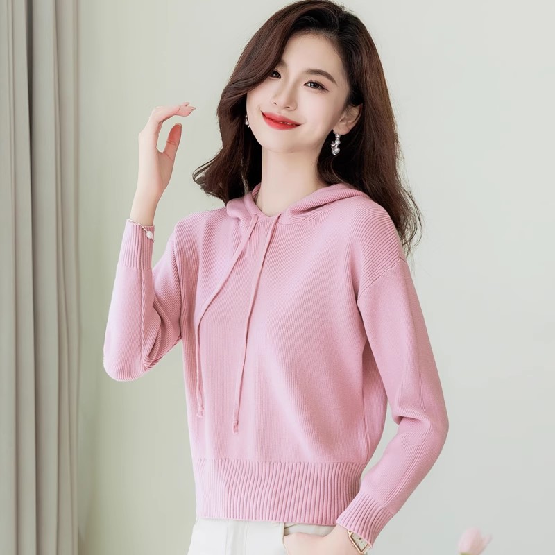 连帽女士毛衣秋冬2023新款女装加厚连帽针织衫小个子短款上衣卫衣
