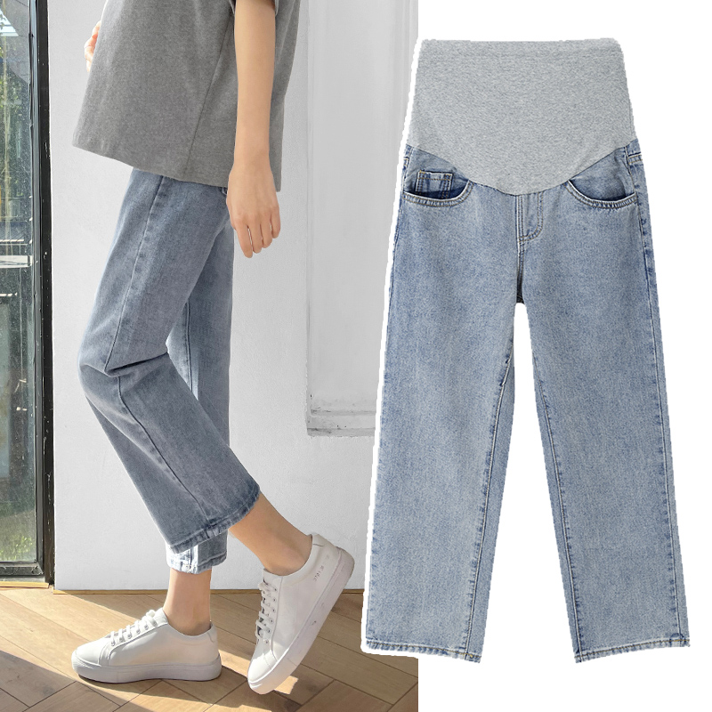 孕妇裤子外穿夏季时尚款直筒宽松孕妇牛仔裤阔腿裤春秋薄款九分裤