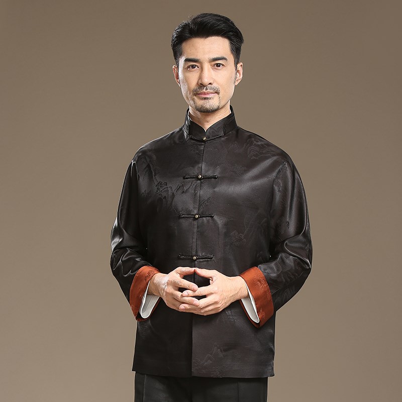 高端中老年唐装男中式真丝香云纱春秋外套中国风立领盘扣休闲上衣