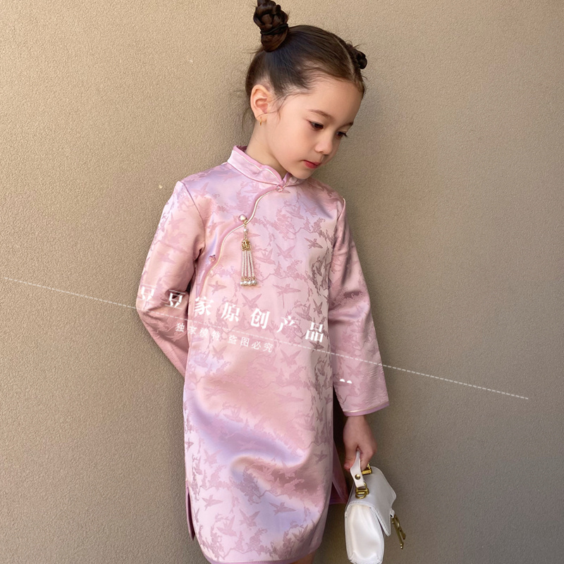 豆豆家定制儿童汉服民国风女童秋冬古装中国风提花公主粉旗袍唐装