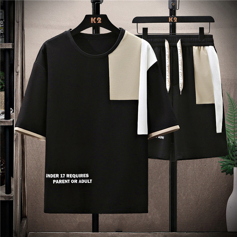 冰丝短裤短袖套装男夏季潮流撞色拼接高中学生运动休闲沙滩五分裤,男装,休闲运动套装,淘宝优惠券,粉丝福利购,淘宝优惠卷