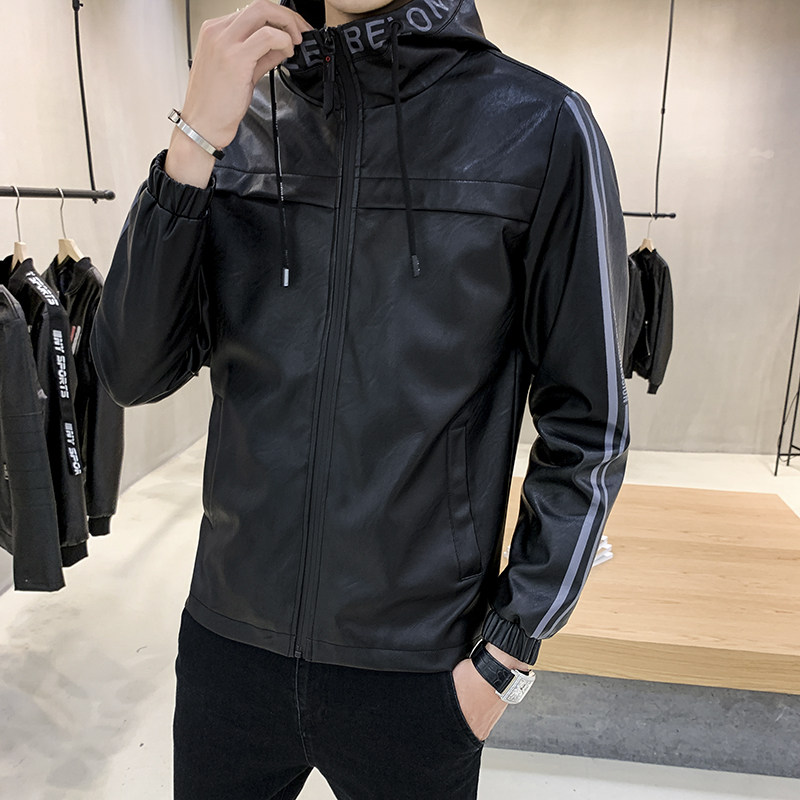 外套男春秋2022新款连帽皮衣韩版潮流加绒机车PU皮夹克男士上衣服