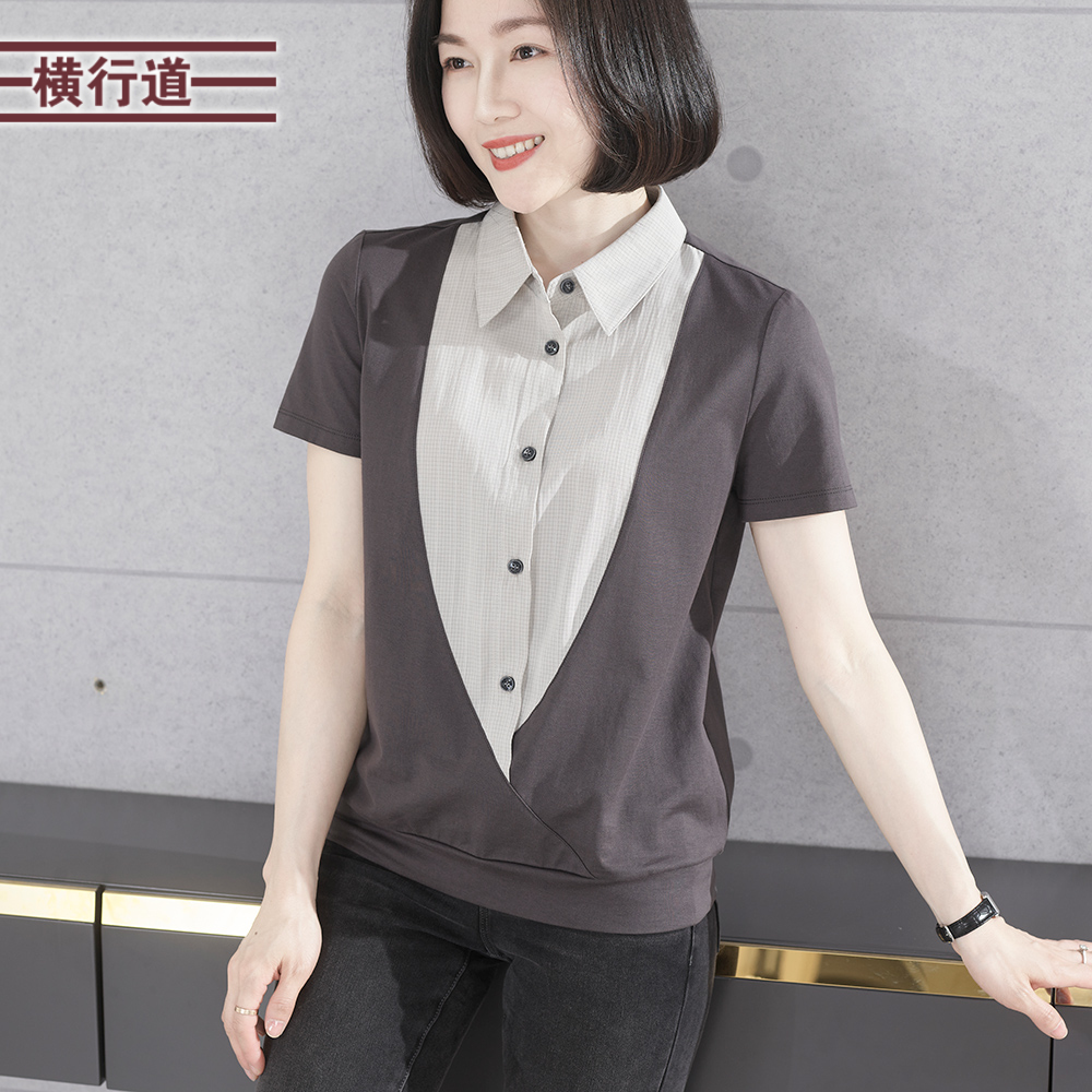 2025新款夏季翻领假两件上衣宽松中年妈妈短袖T恤女大码显瘦外穿