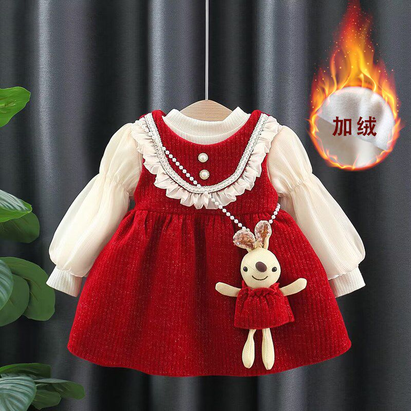 女1童连衣裙冬季洋气周岁女宝宝礼服加绒公主裙子拜年服两件套2岁