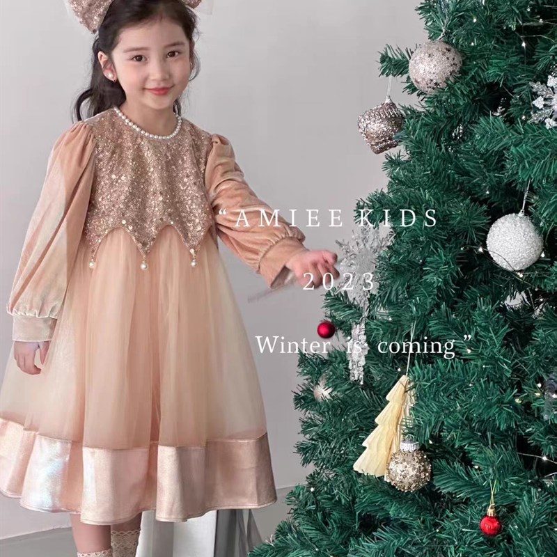 女童网纱公主丝绒连衣裙2023年冬款加绒礼服亮片蓬蓬裙子送发箍