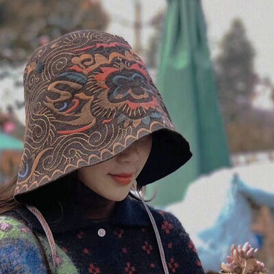 灰色民族风棉亚麻绣花软边帽盆帽刺绣宽边遮阳帽仿古老绣花盆帽