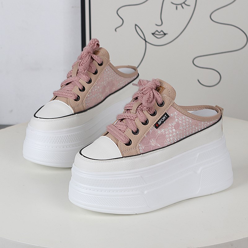 夏季新款包头网面透气厚底松糕半拖超高跟内增高12CM蕾丝外穿女鞋