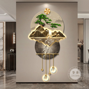 九鱼图入户玄关装饰画流水生财山水画高档立体壁灯画走廊过道挂画