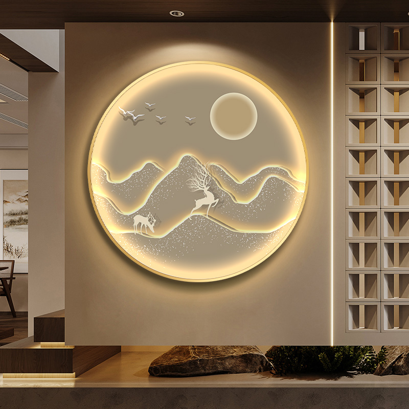 九鱼图入户进门玄关背景装饰画轻奢走道带灯挂画山水圆形发光壁画