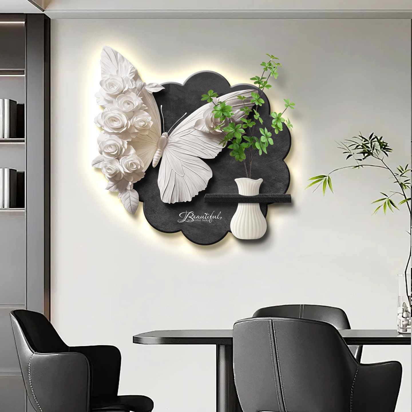黑白蝴蝶餐厅装饰画玄关走道挂画客厅背景墙壁画餐厅带绿植灯光画图片
