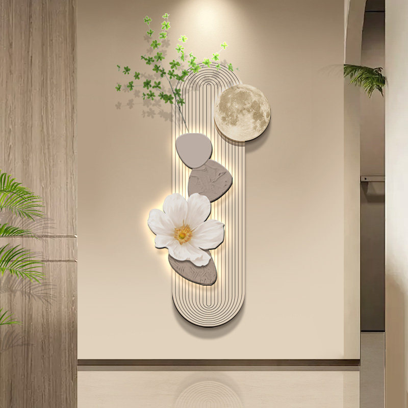 奶油风玄关走道装饰画立体砂岩绿植挂画入户进门餐厅高级感壁灯画