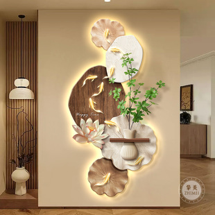 中古风九鱼图玄关装饰画荷花绿植走廊过道挂画高级感入户墙壁灯画