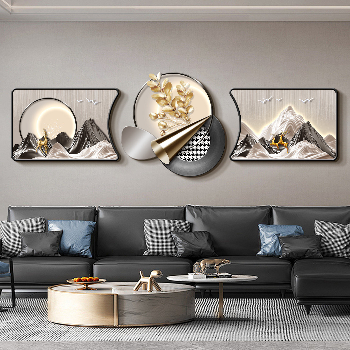 现代轻奢客厅装饰画背有靠山高级感沙发背景墙挂画2025新款三联画