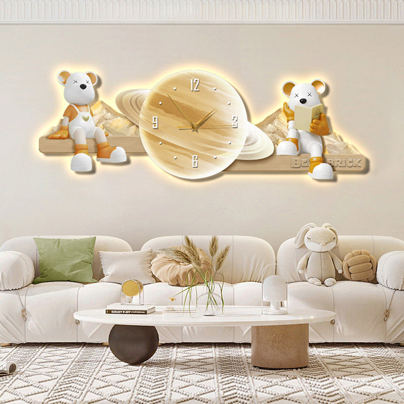 轻奢奶油风暴力熊客厅装饰画高级感钟表沙发背景墙壁灯画卧室挂画