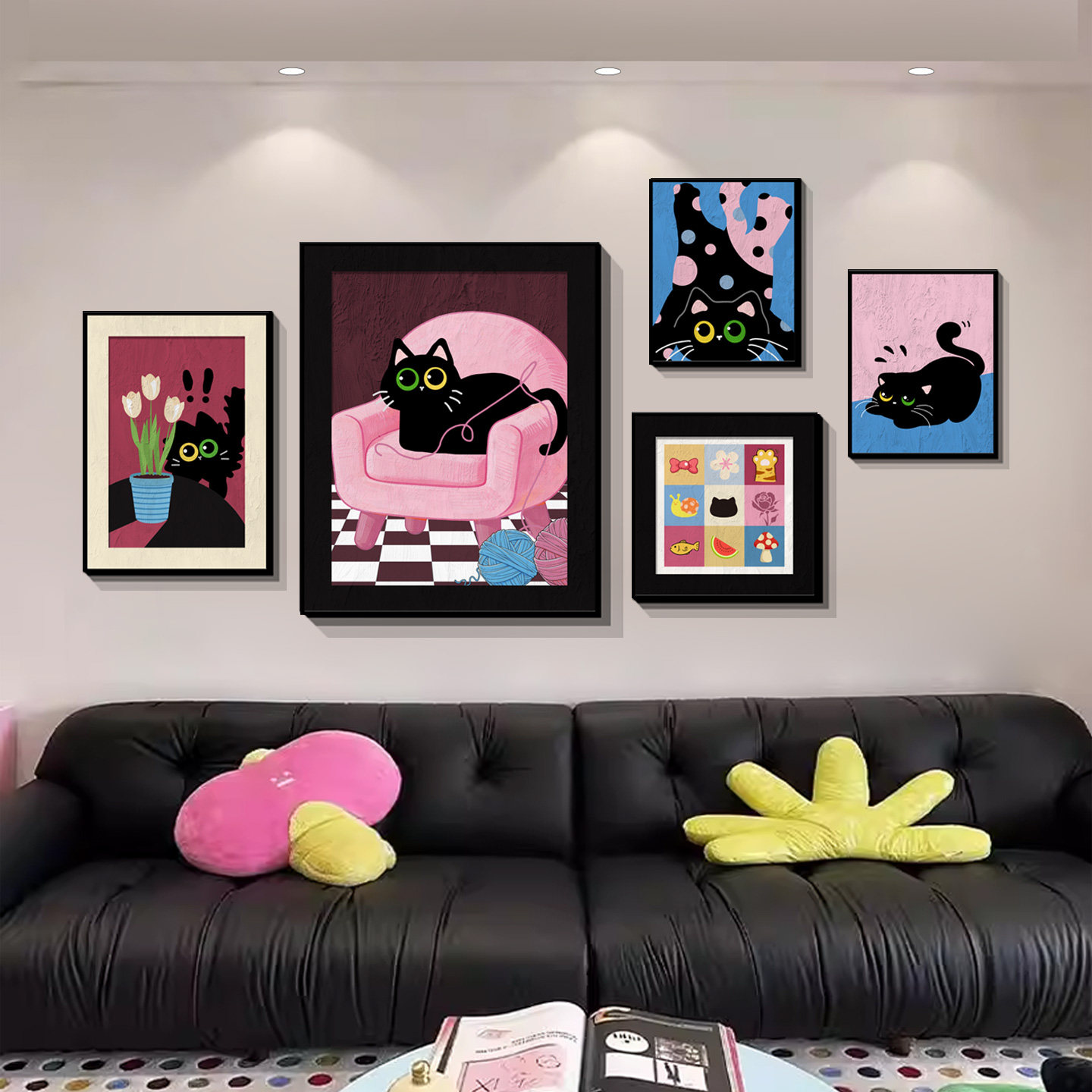 客厅趣味卡通装饰画沙发背景墙现代组合挂画多巴胺可爱猫咪墙壁画